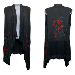 Caite Embroidered Cardigan Size Medium Gray Floral Sleeveless Waterfall Hem Boho